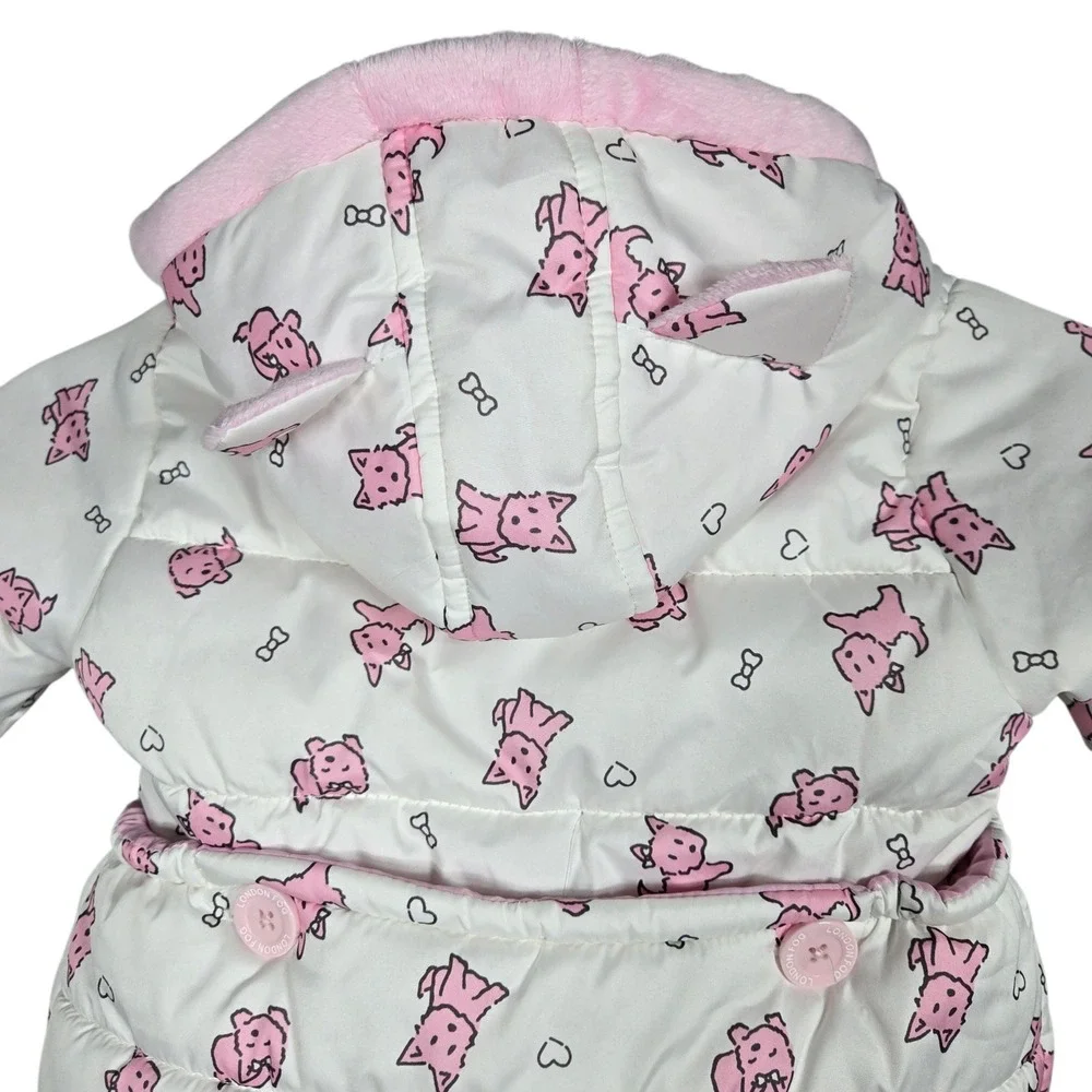 London Fog Puffer Bunting Bag Baby Girls 0-6M White Pink Dog Print Fleece Pram